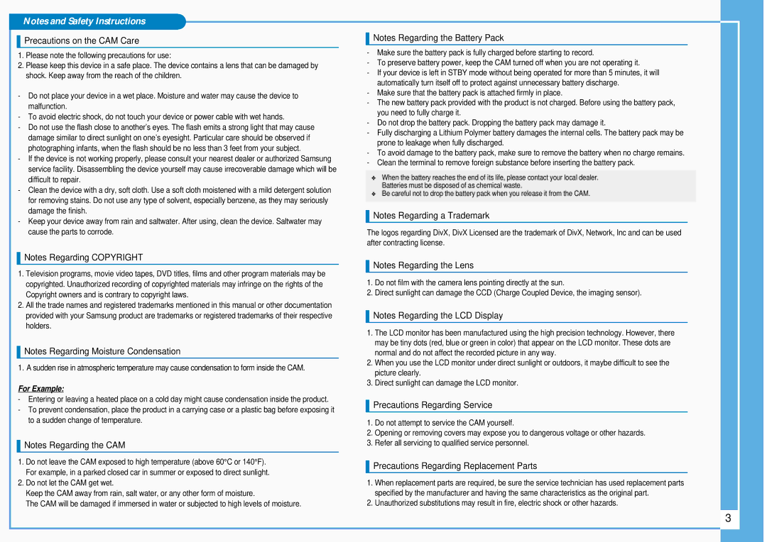 Samsung VP-M105S/XEE Precautions on the CAM Care, Precautions Regarding Service, Precautions Regarding Replacement Parts 