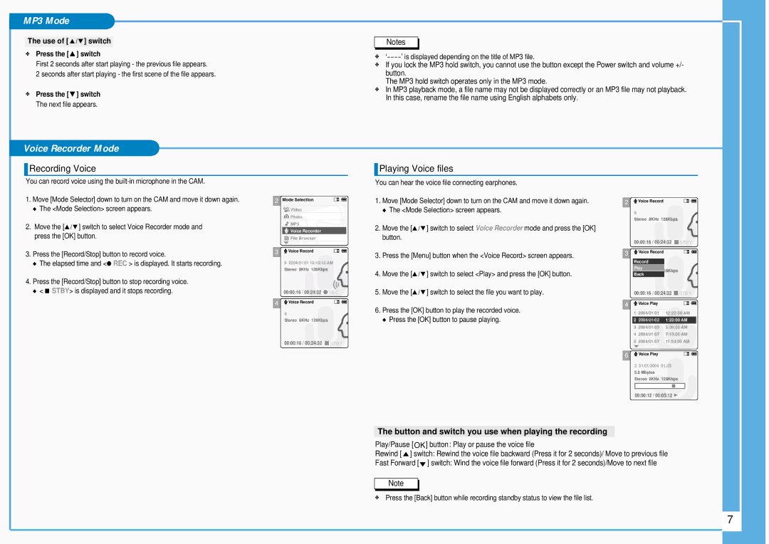Samsung VP-M105S/XEE, VP-M105S/XEV manual Voice Recorder Mode, Recording Voice Playing Voice files 