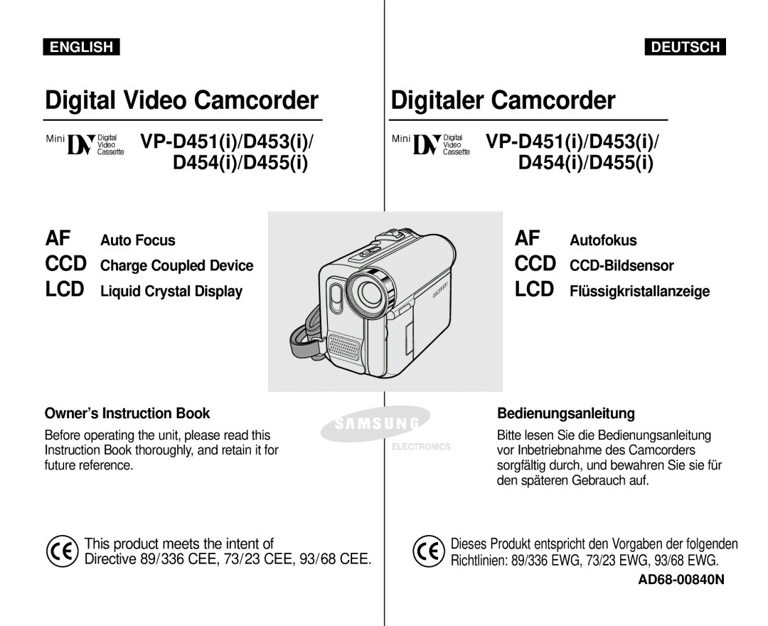 Samsung VP-M110R/XEC, VP-M110R/XEF, VP-M110R/KNT, VP-M110R/XSG manual VP-D451i/D453i D454i/D455i, Flüssigkristallanzeige 