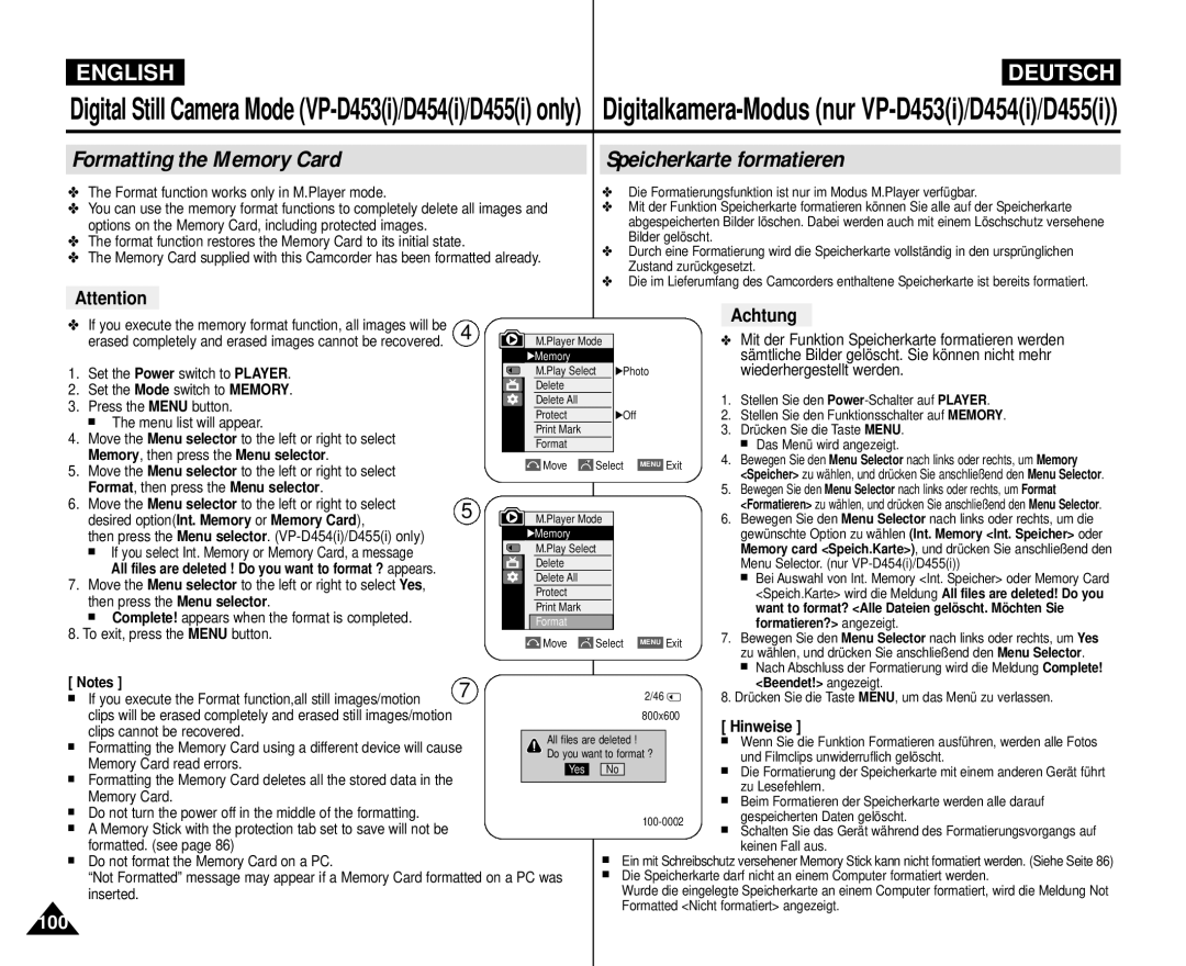 Samsung VP-M110R/XEV Formatting the Memory Card, Speicherkarte formatieren, Achtung, Format , then press the Menu selector 