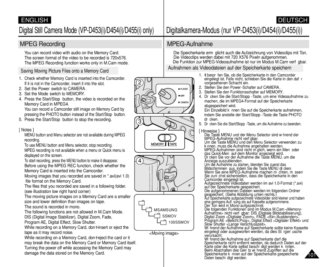 Samsung VP-M110R/EUR, VP-M110R/XEF manual Mpeg Recording MPEG-Aufnahme, Saving Moving Picture Files onto a Memory Card 