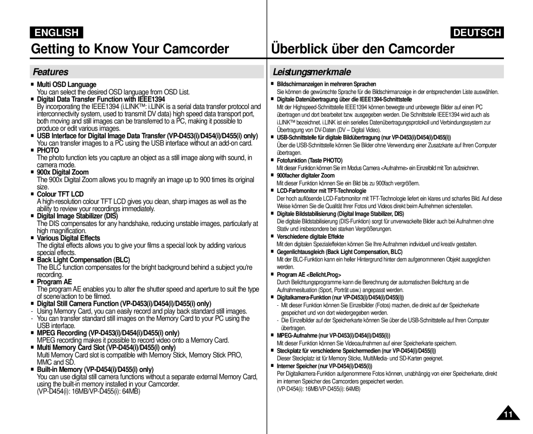 Samsung VP-M110R/EUR, VP-M110R/XEF, VP-M110R/XEC, VP-M110R/KNT, VP-M110R/XSG, VP-M110R/XEV manual Features, Leistungsmerkmale 