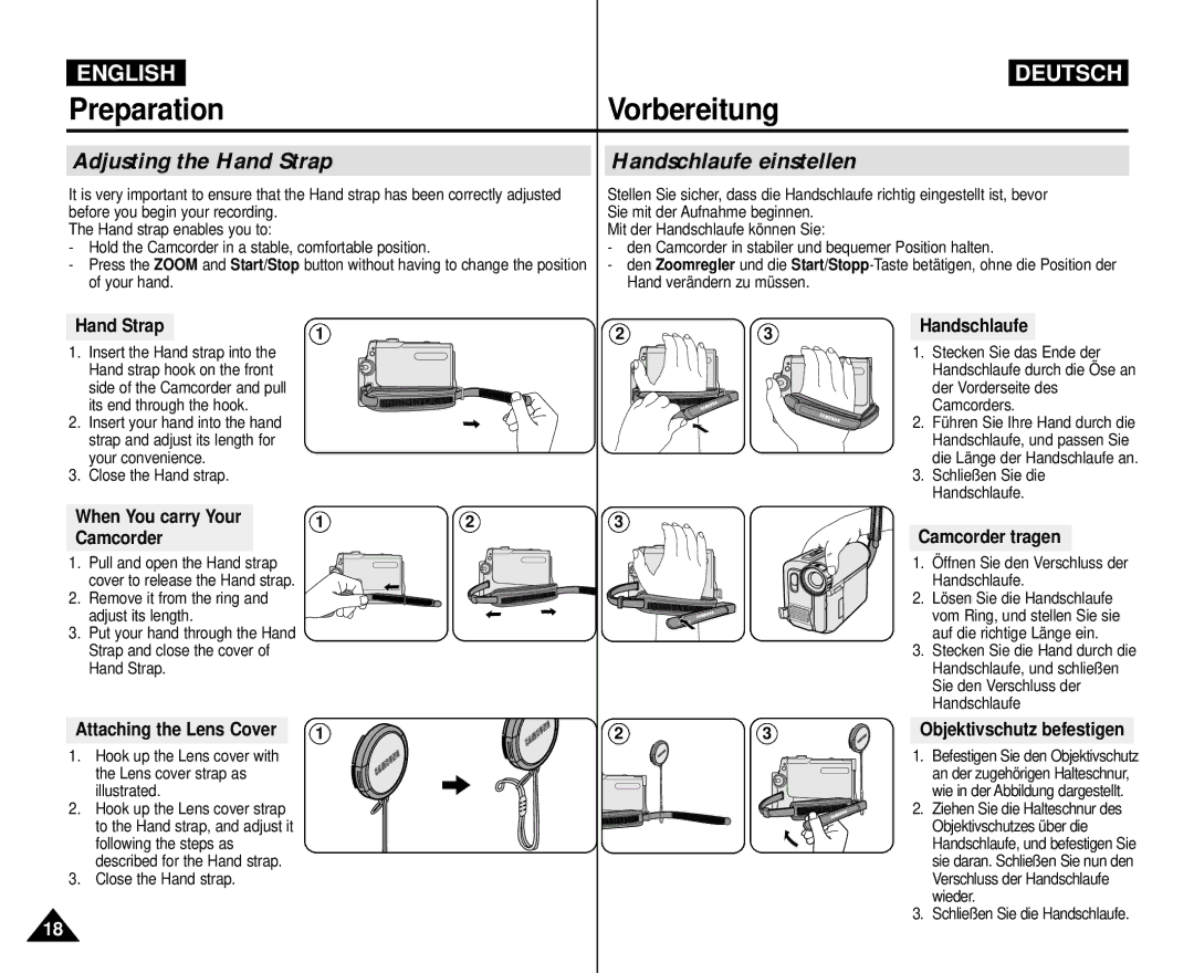 Samsung VP-M110R/XEF Adjusting the Hand Strap Handschlaufe einstellen, When You carry Your Camcorder, Camcorder tragen 