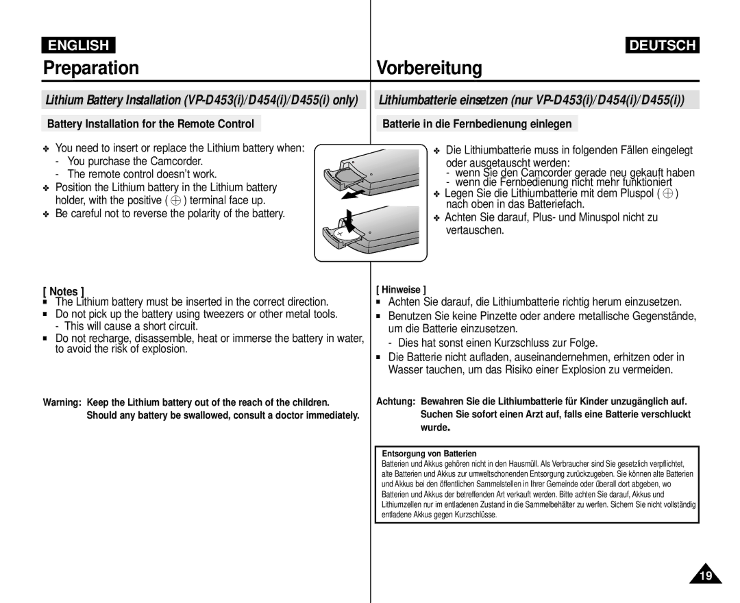 Samsung VP-M110R/XEC manual Battery Installation for the Remote Control, Batterie in die Fernbedienung einlegen, Hinweise 