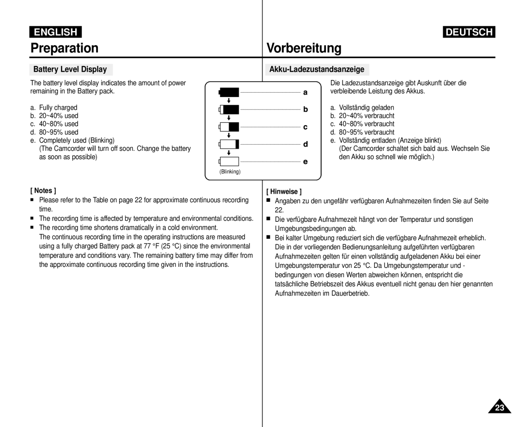 Samsung VP-M110R/EUR, VP-M110R/XEF, VP-M110R/XEC, VP-M110R/KNT, VP-M110R/XSG Battery Level Display, Akku-Ladezustandsanzeige 