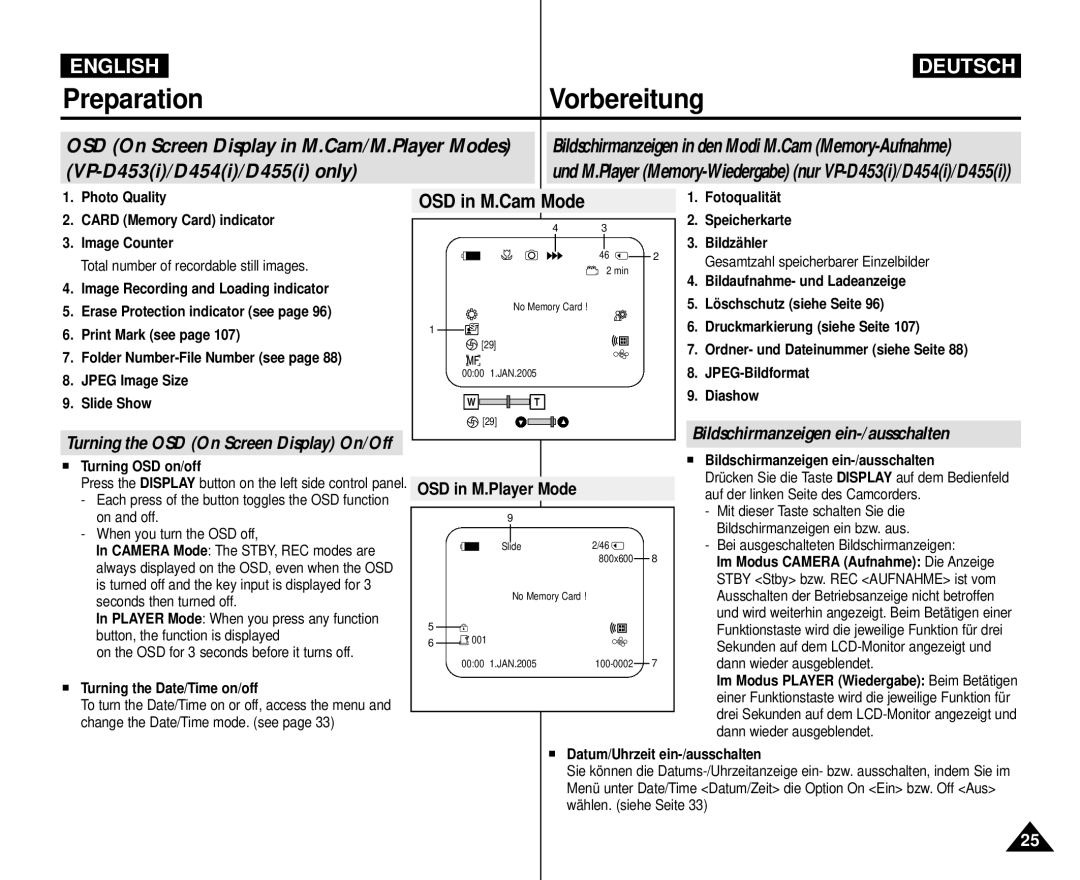 Samsung VP-M110R/XEC, VP-M110R/XEF, VP-M110R/KNT, VP-M110R/XSG, VP-M110R/XEV, VP-M110R/EUR manual OSD in M.Player Mode 