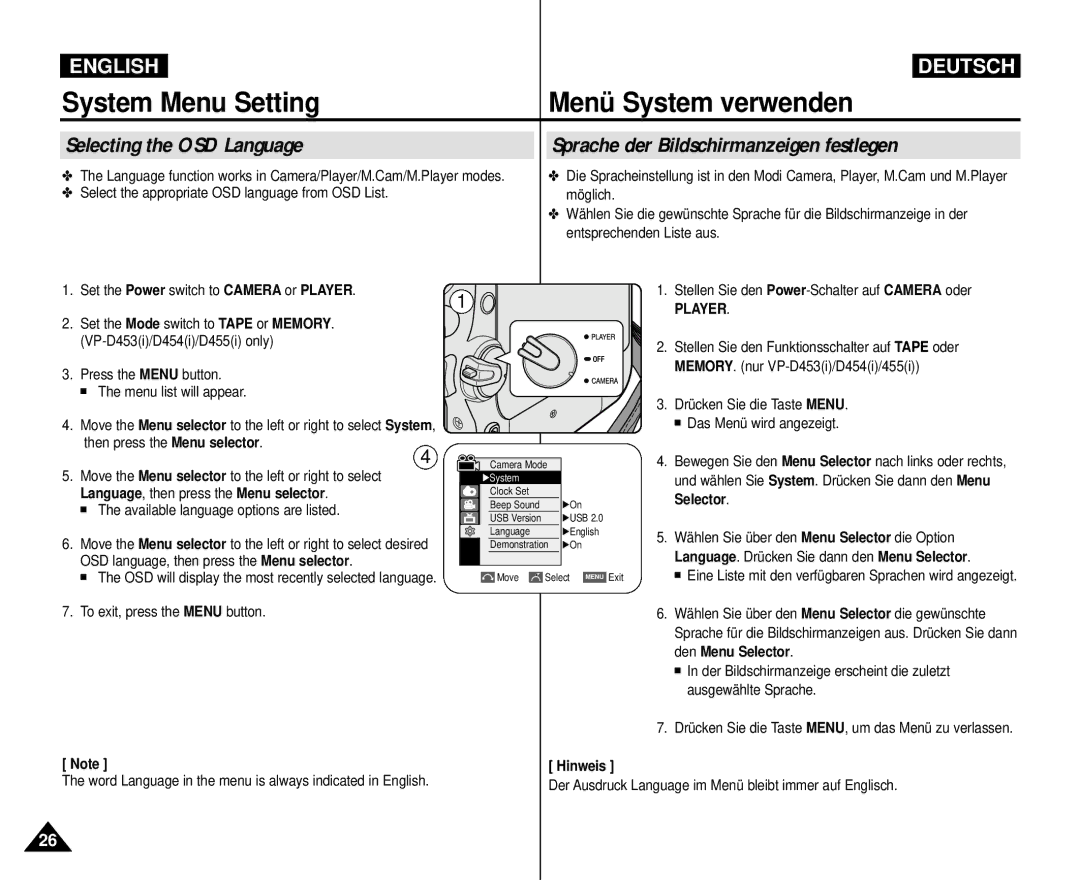 Samsung VP-M110R/KNT, VP-M110R/XEF manual System Menu Setting Menü System verwenden, Selecting the OSD Language, Hinweis 