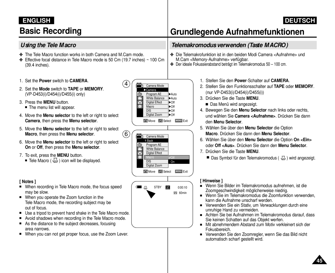 Samsung VP-M110R/XSG manual Using the Tele Macro Telemakromodus verwenden Taste Macro, Macro , then press the Menu selector 