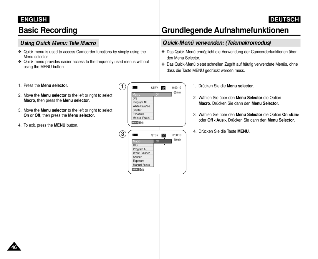 Samsung VP-M110R/XEV manual Using Quick Menu Tele Macro, Quick-Menü verwenden Telemakromodus, Press the Menu selector 