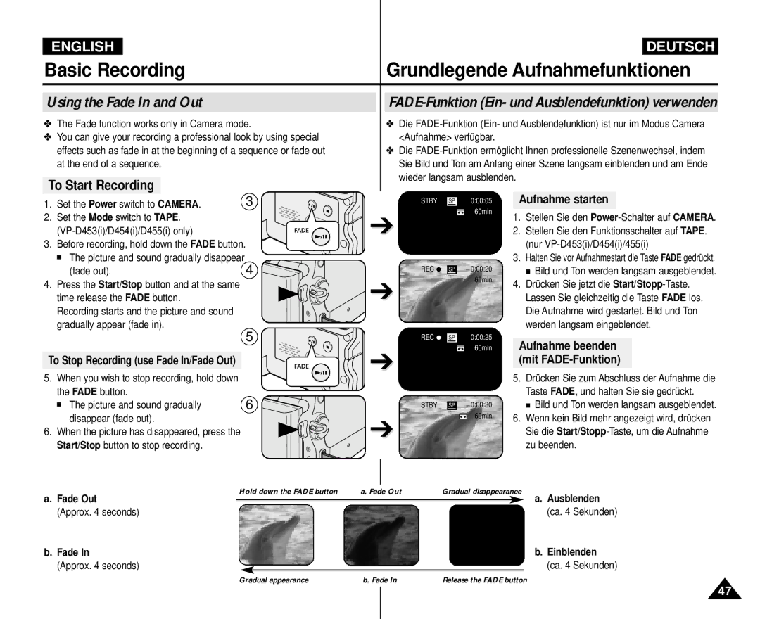 Samsung VP-M110R/EUR, VP-M110R/XEF manual Using the Fade In and Out, Aufnahme starten, Aufnahme beenden, Mit FADE-Funktion 