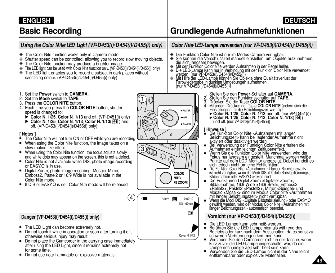 Samsung VP-M110R/XEC, VP-M110R/XEF manual Vorsicht nur VP-D453i/D454i/D455i, Color Nite function works only in Camera mode 