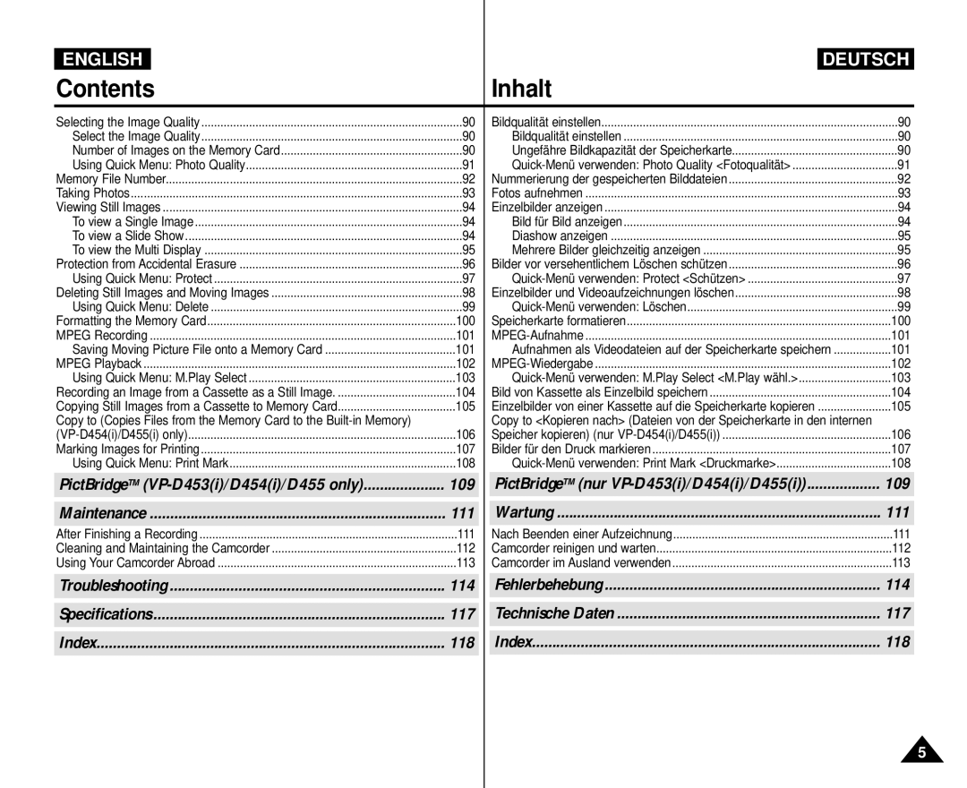 Samsung VP-M110R/EUR, VP-M110R/XEF, VP-M110R/XEC, VP-M110R/KNT, VP-M110R/XSG manual 100, 101, 102, 104, 105, 106, 107, 108 