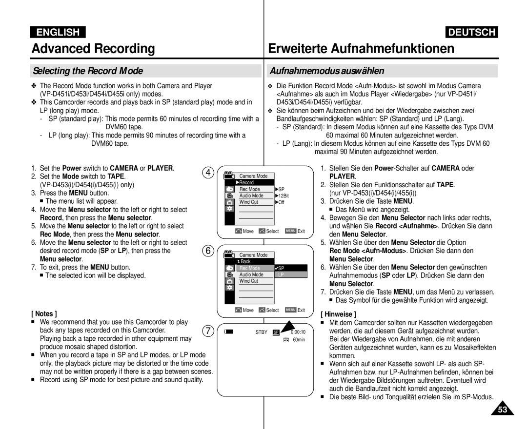 Samsung VP-M110R/EUR, VP-M110R/XEF, VP-M110R/XEC, VP-M110R/KNT manual Selecting the Record Mode, Aufnahmemodus auswählen 