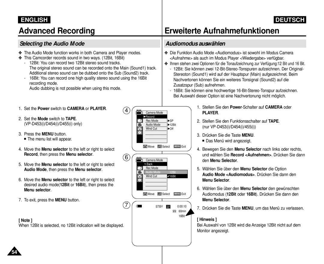 Samsung VP-M110R/XEF, VP-M110R/XEC, VP-M110R/KNT, VP-M110R/XSG, VP-M110R/XEV Selecting the Audio Mode, Audiomodus auswählen 