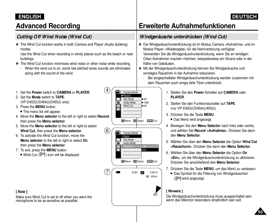 Samsung VP-M110R/XEC manual Advanced Recording Erweiterte Aufnahmefunktionen, Wind Cut , then press the Menu selector 