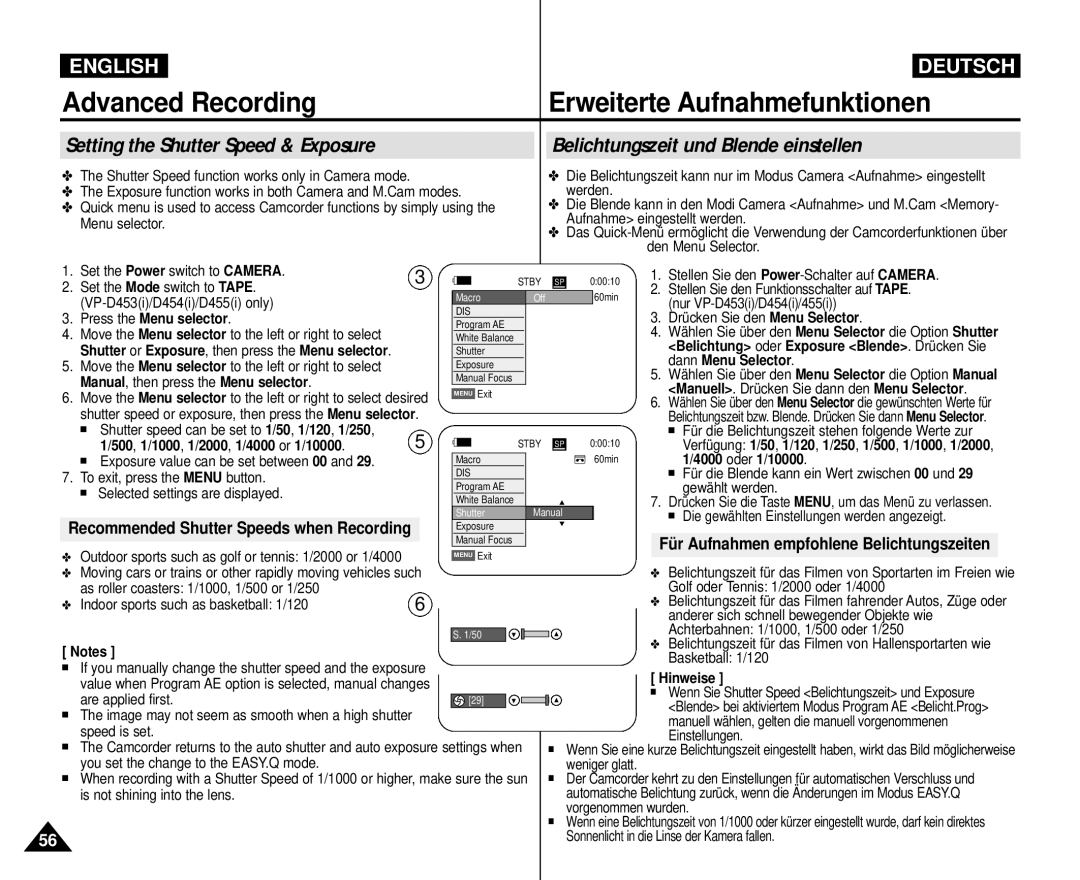 Samsung VP-M110R/KNT Dann Menu Selector, Manual, then press the Menu selector, 500, 1/1000, 1/2000, 1/4000 or 1/10000 