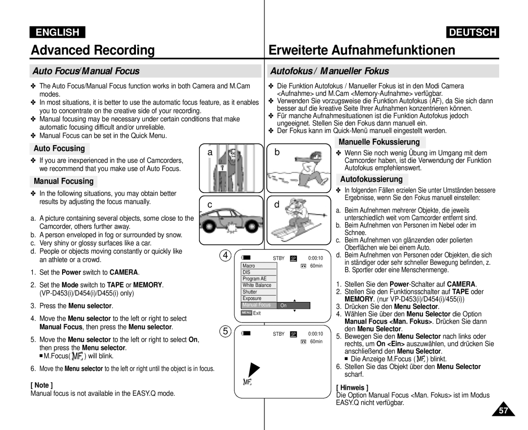 Samsung VP-M110R/XSG manual Auto Focus/Manual Focus Autofokus / Manueller Fokus, Auto Focusing, Manuelle Fokussierung 