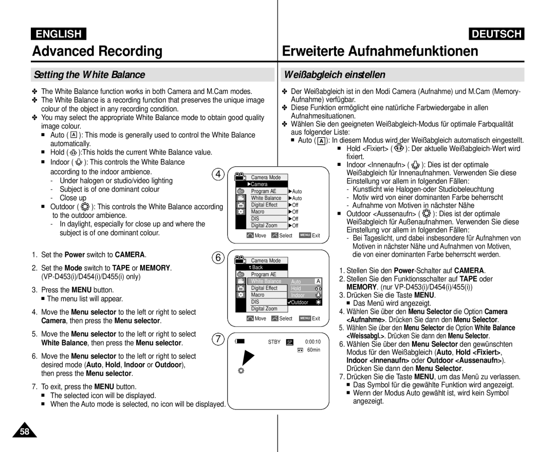 Samsung VP-M110R/XEV manual Setting the White Balance Weißabgleich einstellen, Camera , then press the Menu selector 