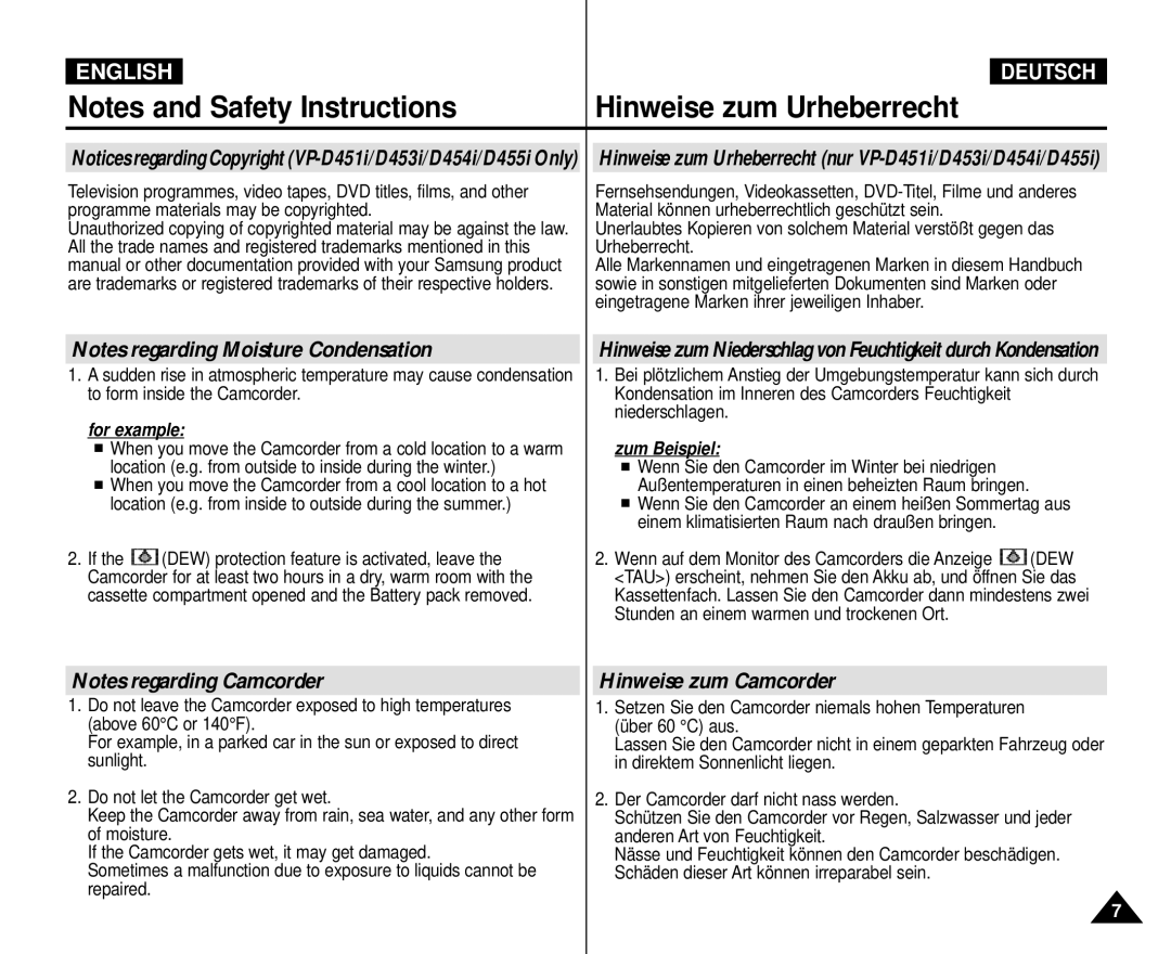 Samsung VP-M110R/XEC, VP-M110R/XEF, VP-M110R/KNT, VP-M110R/XSG manual Hinweise zum Urheberrecht, Hinweise zum Camcorder 