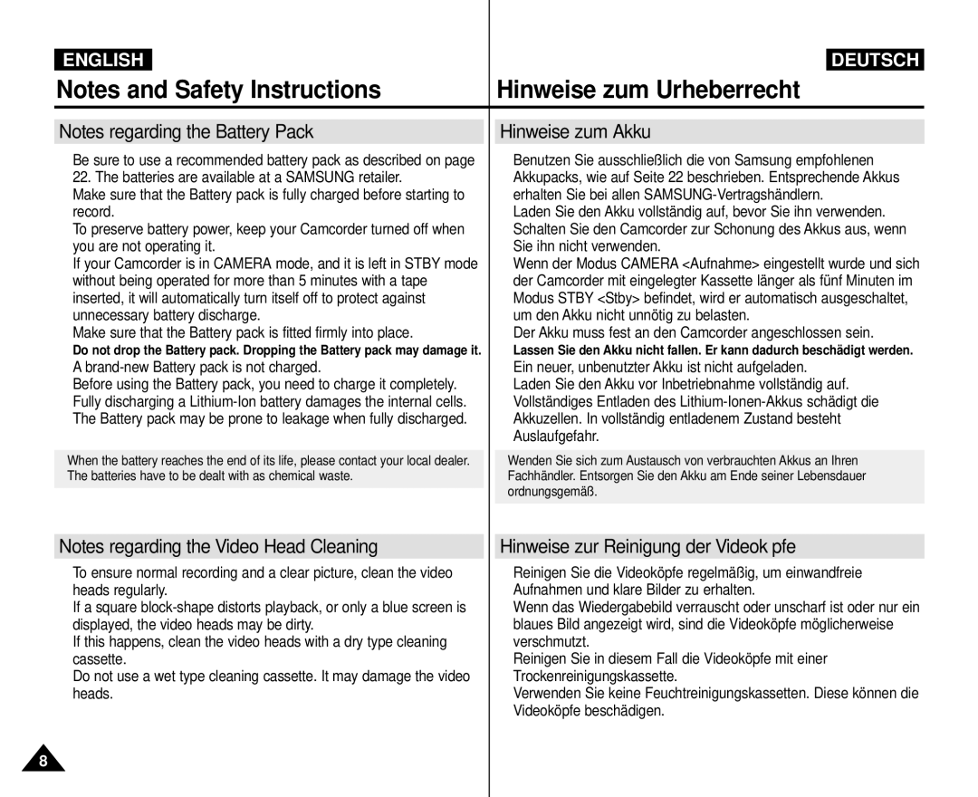 Samsung VP-M110R/KNT manual Hinweise zum Akku, Hinweise zur Reinigung der Videoköpfe, Brand-new Battery pack is not charged 