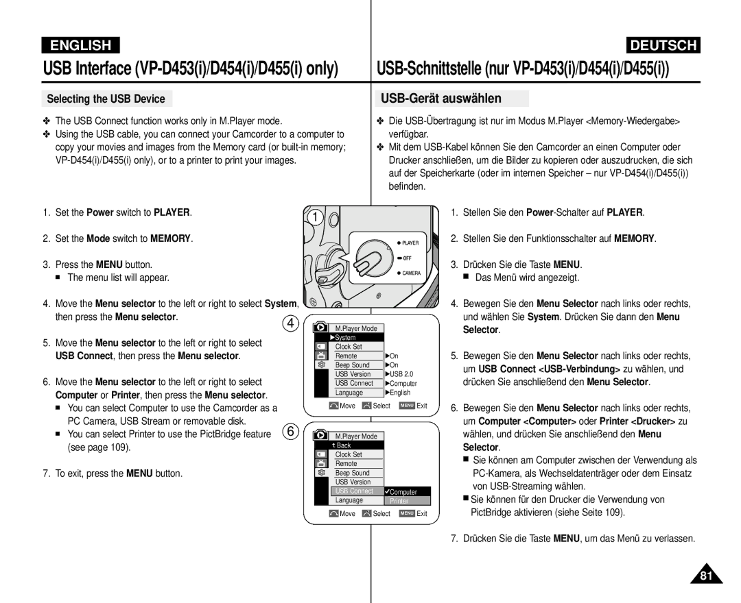 Samsung VP-M110R/XSG, VP-M110R/XEF, VP-M110R/XEC Selecting the USB Device, USB Connect function works only in M.Player mode 