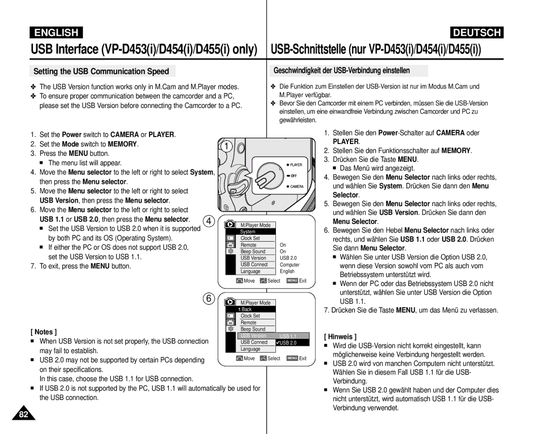 Samsung VP-M110R/XEV, VP-M110R/XEF manual Setting the USB Communication Speed, Geschwindigkeit der USB-Verbindung einstellen 