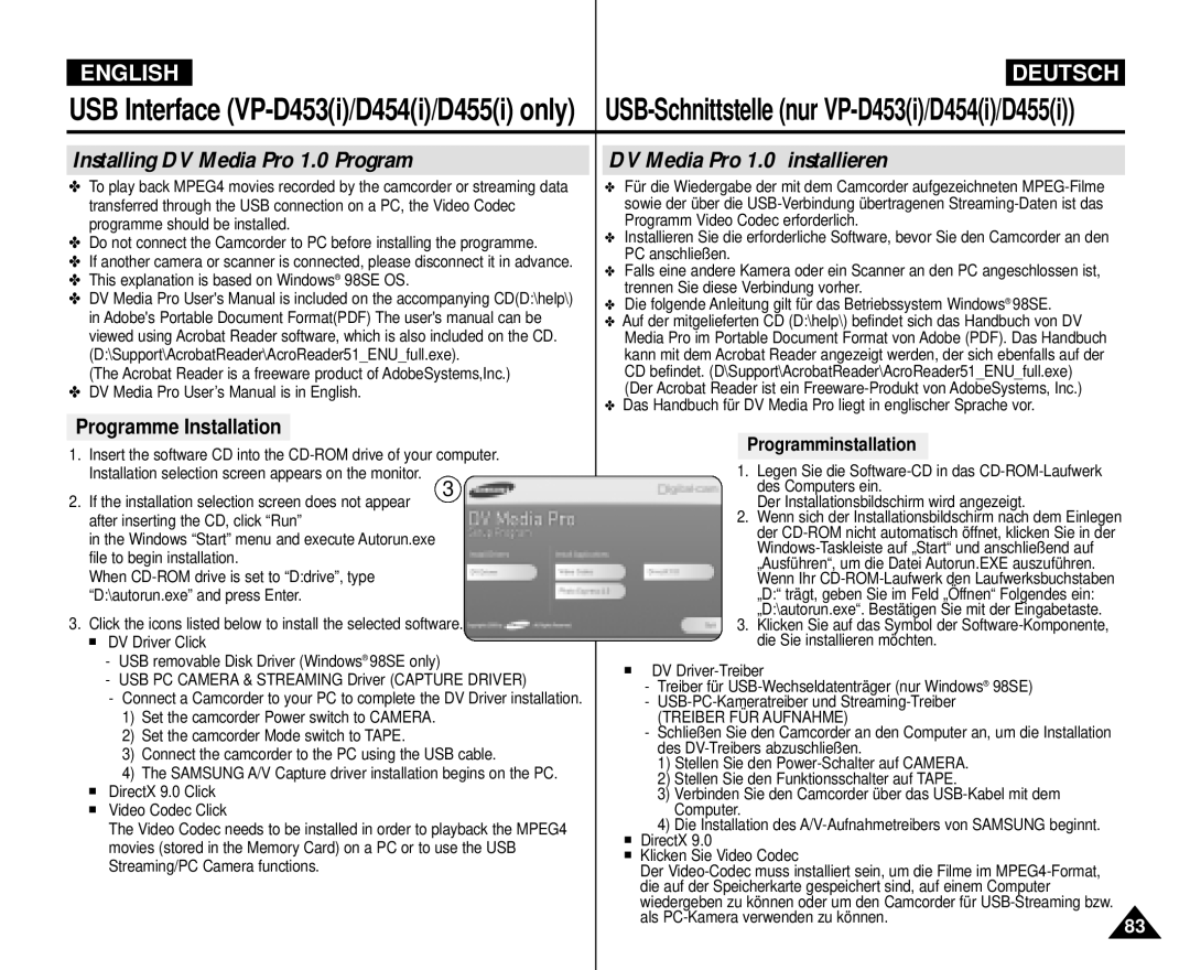 Samsung VP-M110R/EUR manual Installing DV Media Pro 1.0 Program, DV Media Pro 1.0 installieren, Programminstallation 