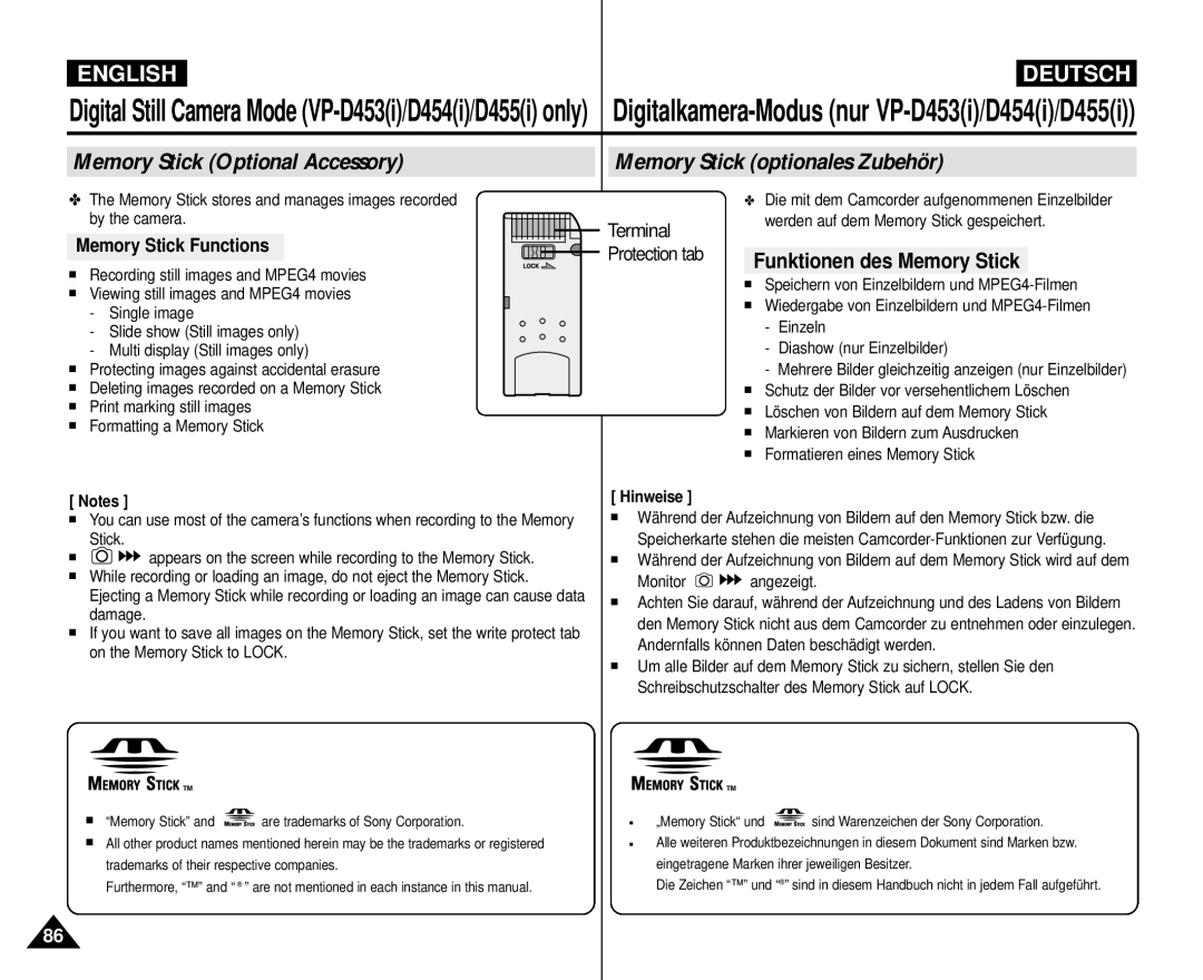 Samsung VP-M110R/KNT, VP-M110R/XEF, VP-M110R/XEC, VP-M110R/XSG manual Funktionen des Memory Stick, Memory Stick Functions 