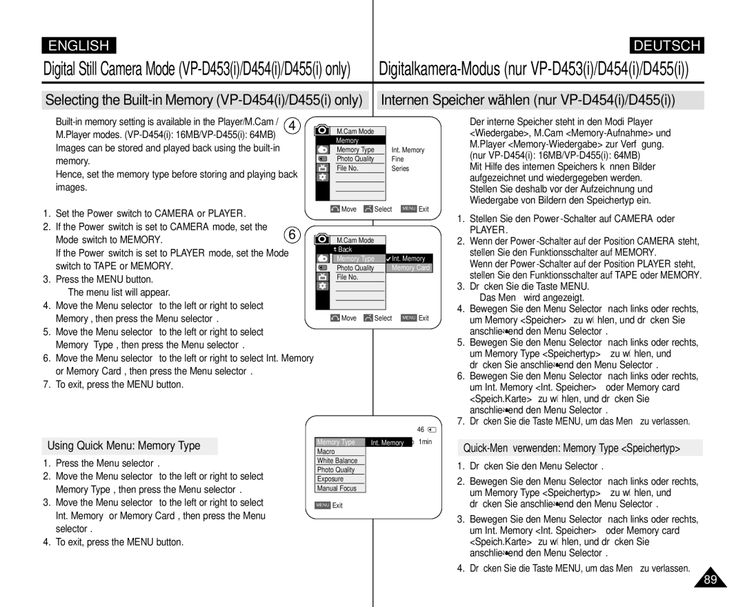 Samsung VP-M110R/EUR, VP-M110R/XEF manual Using Quick Menu Memory Type, Mode switch to Memory, Switch to Tape or Memory 