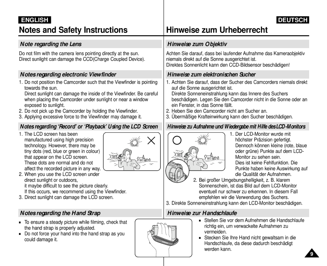 Samsung VP-M110R/XSG, VP-M110R/XEF Hinweise zum Objektiv, Hinweise zum elektronischen Sucher, Hinweise zur Handschlaufe 