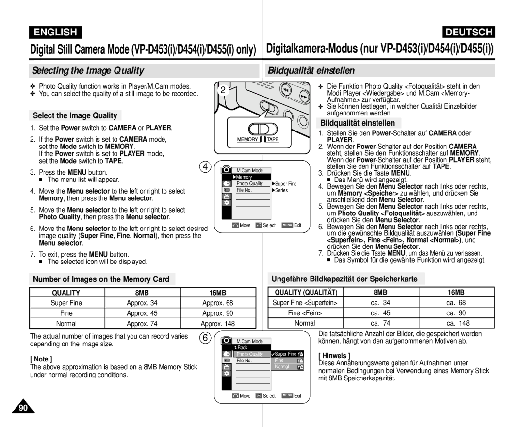 Samsung VP-M110R/XEF, VP-M110R/XEC manual Selecting the Image Quality Bildqualität einstellen, Select the Image Quality 