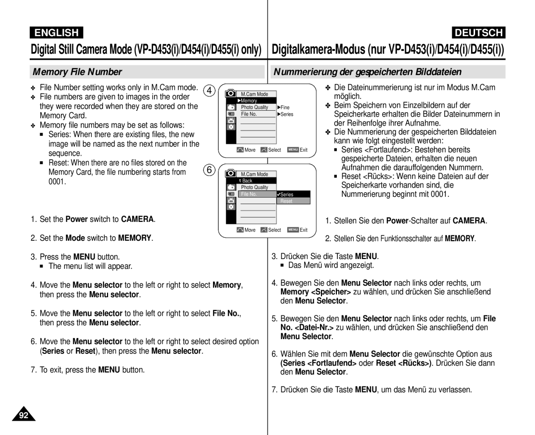 Samsung VP-M110R/KNT Die Dateinummerierung ist nur im Modus M.Cam möglich, File Number setting works only in M.Cam mode 