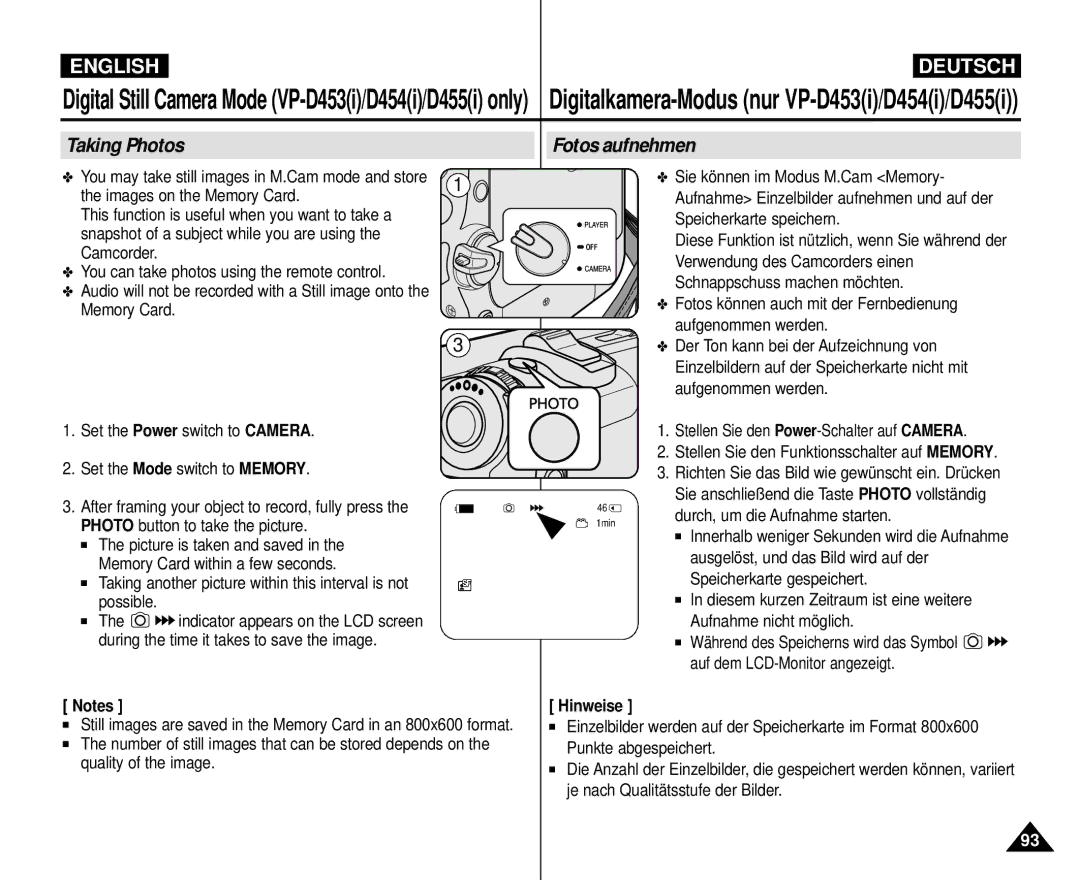 Samsung VP-M110R/XSG, VP-M110R/XEF, VP-M110R/XEC manual Taking Photos Fotos aufnehmen, Images on the Memory Card, Hinweise 