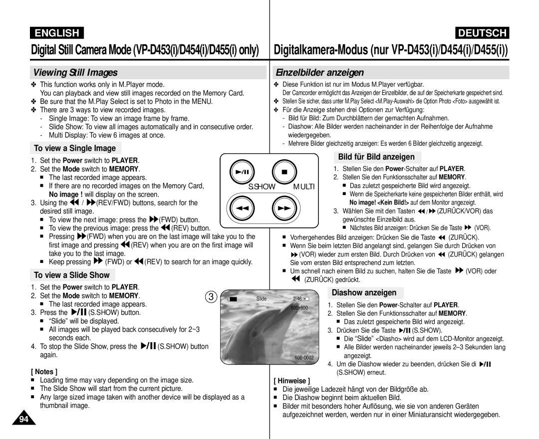 Samsung VP-M110R/XEV, VP-M110R/XEF Einzelbilder anzeigen, Bild für Bild anzeigen, Diashow anzeigen, To view a Single Image 