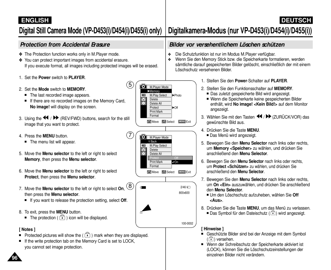 Samsung VP-M110R/XEF, VP-M110R/XEC, VP-M110R/KNT, VP-M110R/XSG, VP-M110R/XEV manual Memory, then press the Menu selector, Aus 