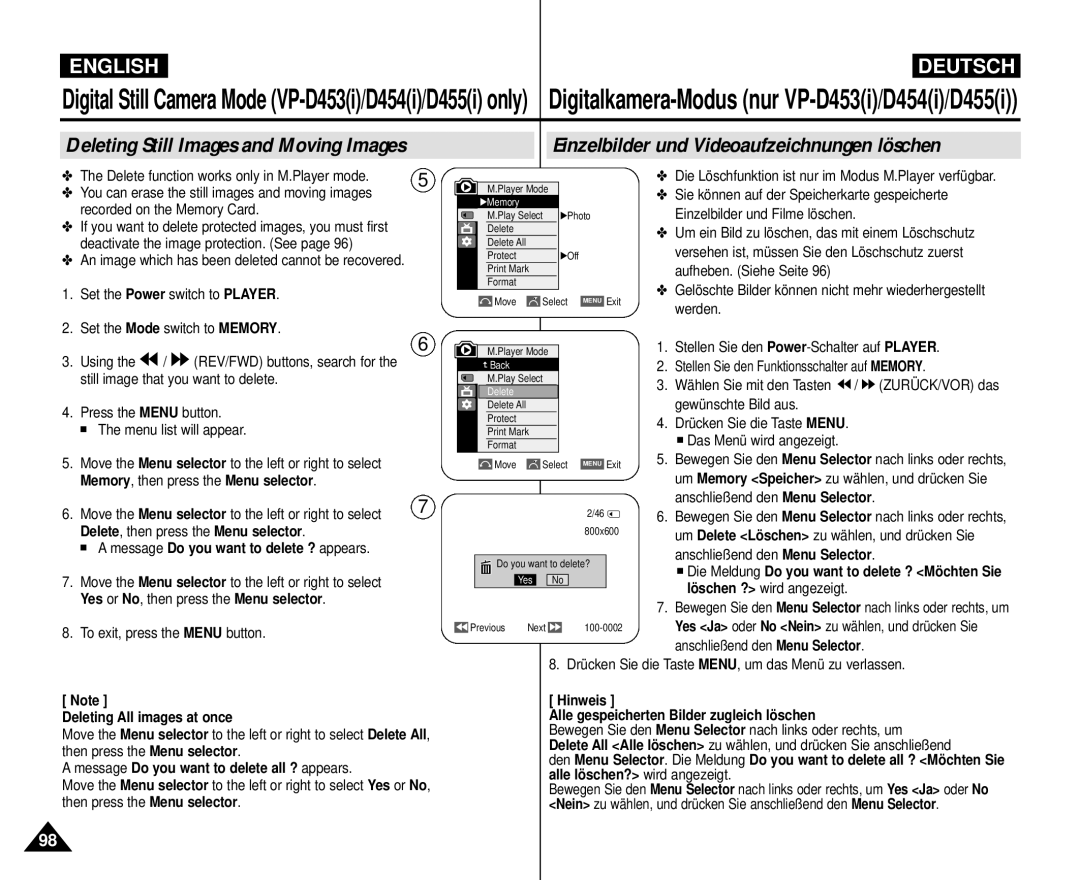 Samsung VP-M110R/KNT, VP-M110R/XEF, VP-M110R/XEC manual Delete, then press the Menu selector, Deleting All images at once 