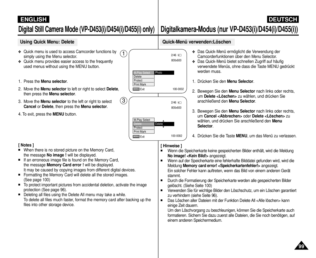 Samsung VP-M110R/XSG, VP-M110R/XEF Using Quick Menu Delete Quick-Menü verwendenLöschen, Simply using the Menu selector 