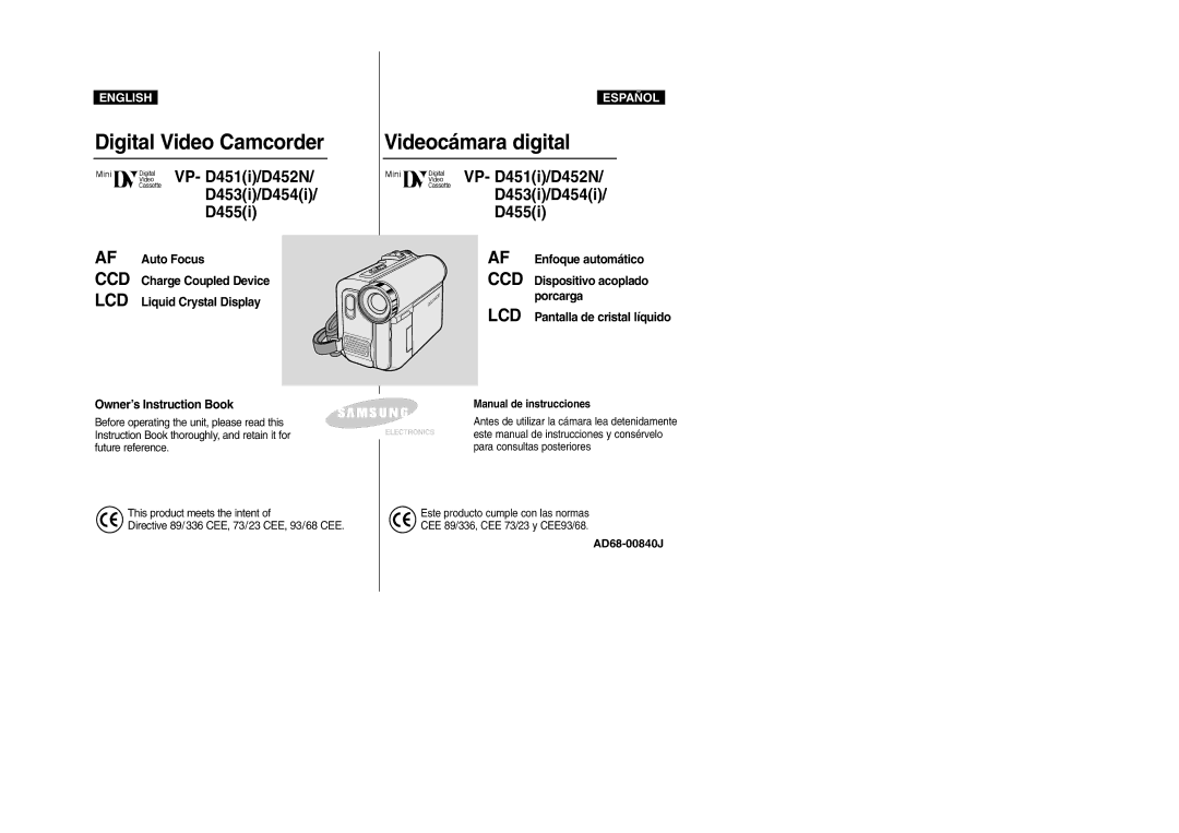 Samsung VP-M110R/XEC, VP-M110R/XEF, VP-M110R/KNT manual Digital Video Camcorder, VP- D451i/D452N D453i/D454i D455i 