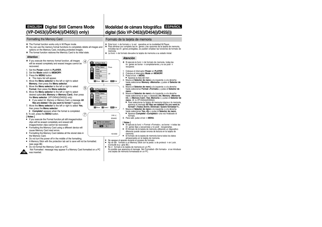 Samsung VP-M110R/XEV Formato de la tarjeta de memoria, Formatting the Memory Card, Format, then press the Menu selector 