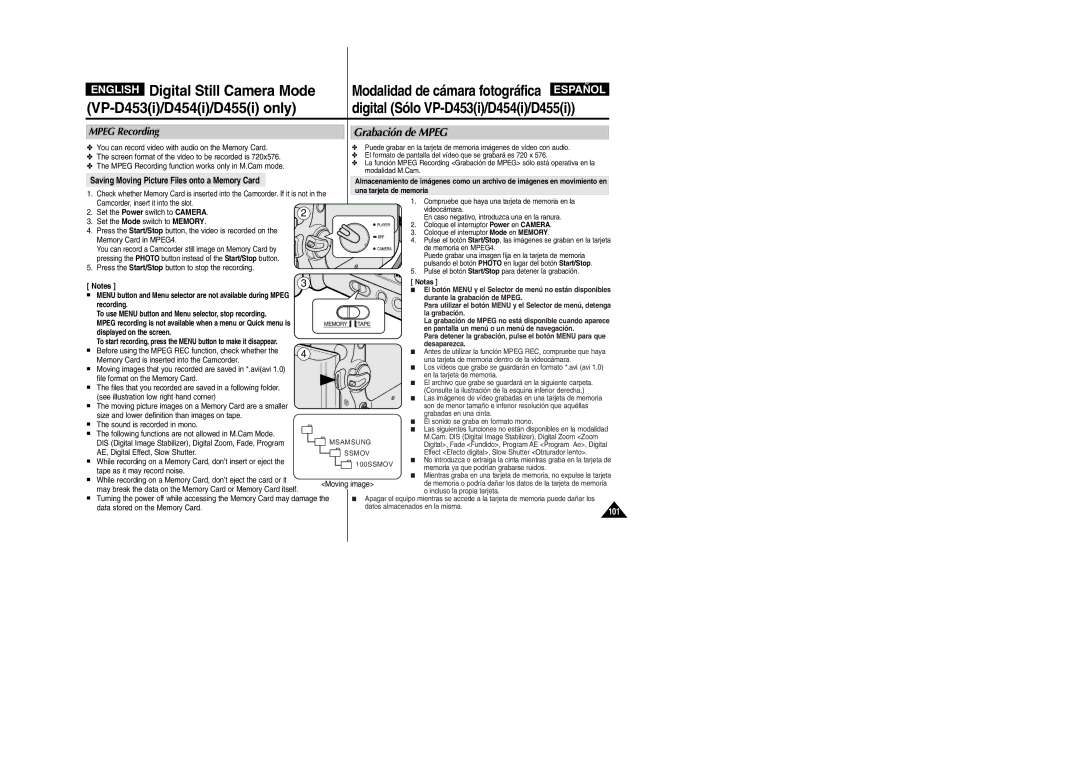 Samsung VP-M110R/EUR, VP-M110R/XEF manual Grabación de Mpeg, Mpeg Recording, Saving Moving Picture Files onto a Memory Card 