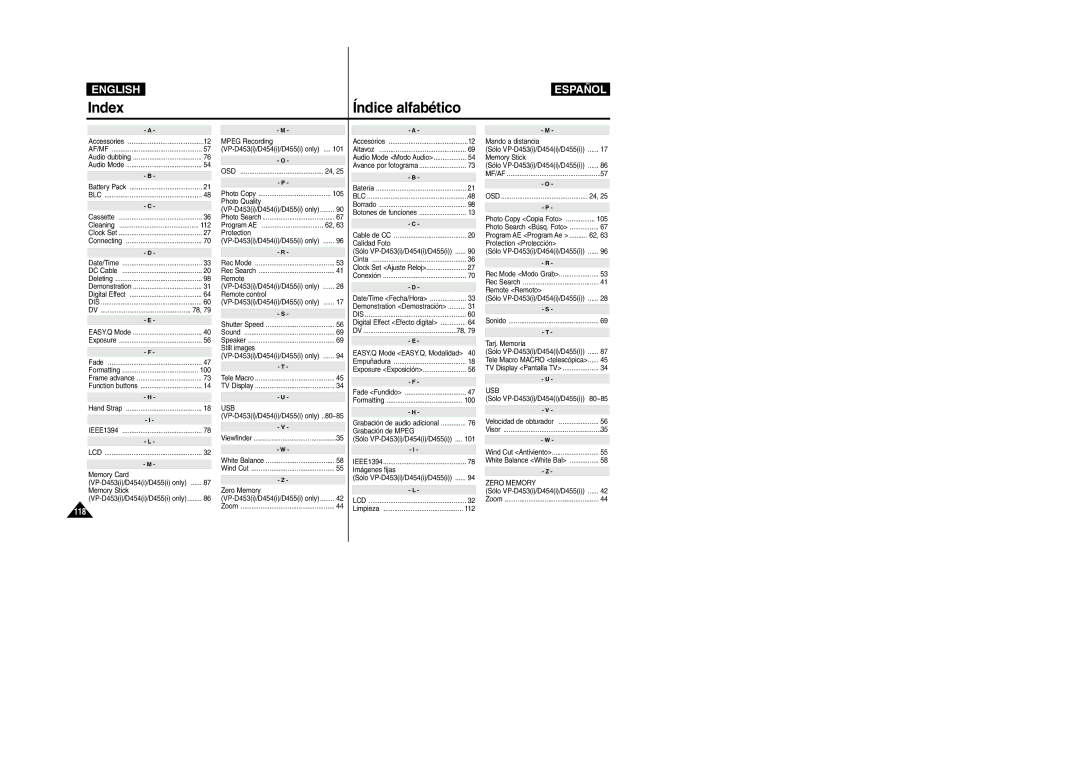 Samsung VP-M110R/XEV, VP-M110R/XEF, VP-M110R/XEC, VP-M110R/KNT, VP-M110R/XSG, VP-M110R/EUR manual Index, Índice alfabético 