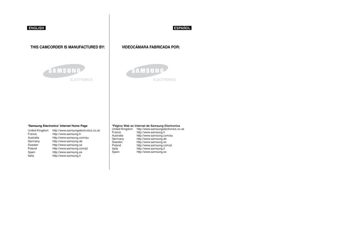 Samsung VP-M110R/XEF, VP-M110R/XEC, VP-M110R/KNT, VP-M110R/XSG This Camcorder is Manufactured by Videocámara Fabricada POR 