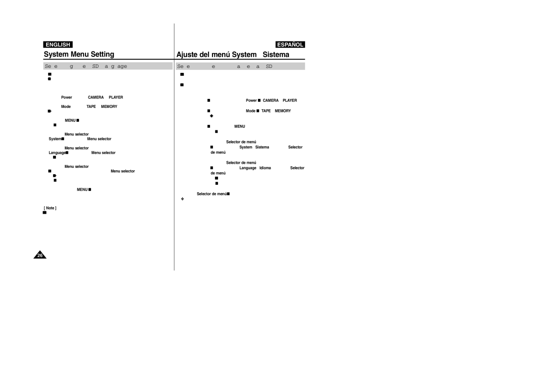 Samsung VP-M110R/KNT, VP-M110R/XEF, VP-M110R/XEC, VP-M110R/XSG manual System Menu Setting Ajuste del menú System Sistema 