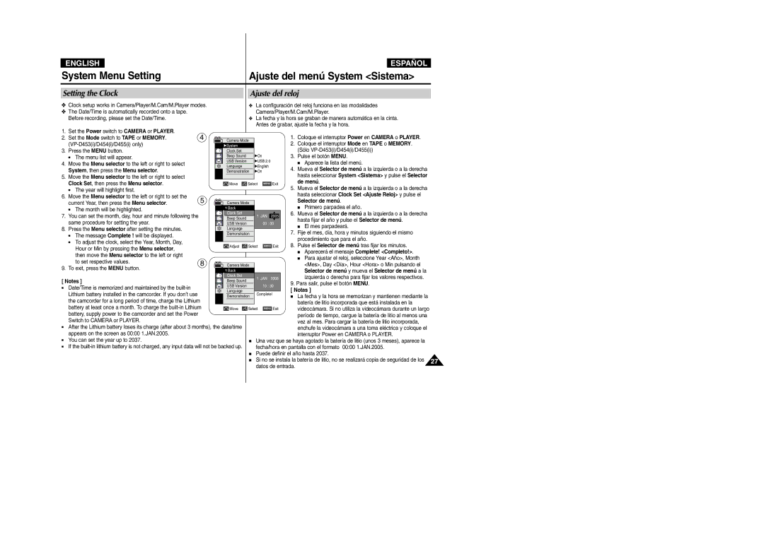 Samsung VP-M110R/XSG manual Setting the Clock Ajuste del reloj, Clock Set, then press the Menu selector, Selector de menú 