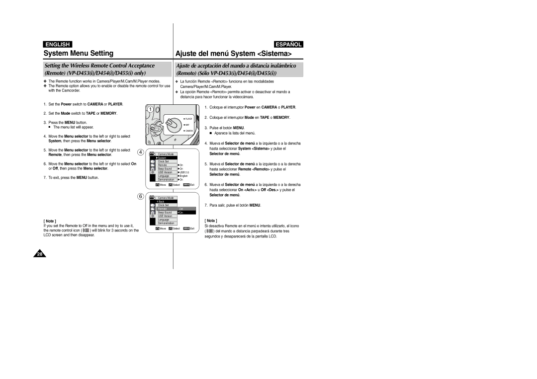 Samsung VP-M110R/XEV, VP-M110R/XEF Setting the Wireless Remote Control Acceptance, System , then press the Menu selector 