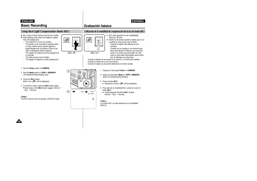 Samsung VP-M110R/XEF manual Using Back Light Compensation Mode BLC, La función BLC no está operativa en la modalidad 