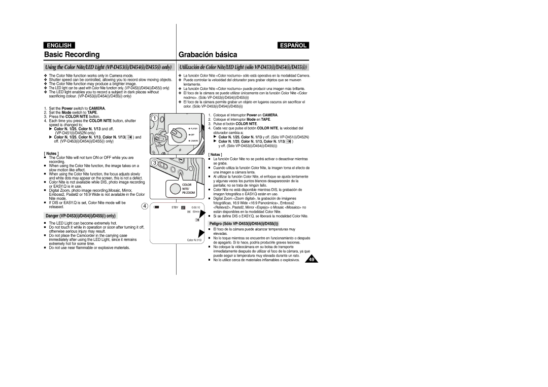 Samsung VP-M110R/XEC √ Color N /25, Color N /13 and off, VP-D451i/D452N only, √ Color N /25, Color N /13, Color N /13 