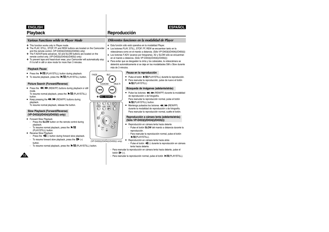 Samsung VP-M110R/XEF, VP-M110R/XEC, VP-M110R/KNT, VP-M110R/XSG, VP-M110R/XEV, VP-M110R/EUR manual Sólo VP-D453i/D454i/D455i 