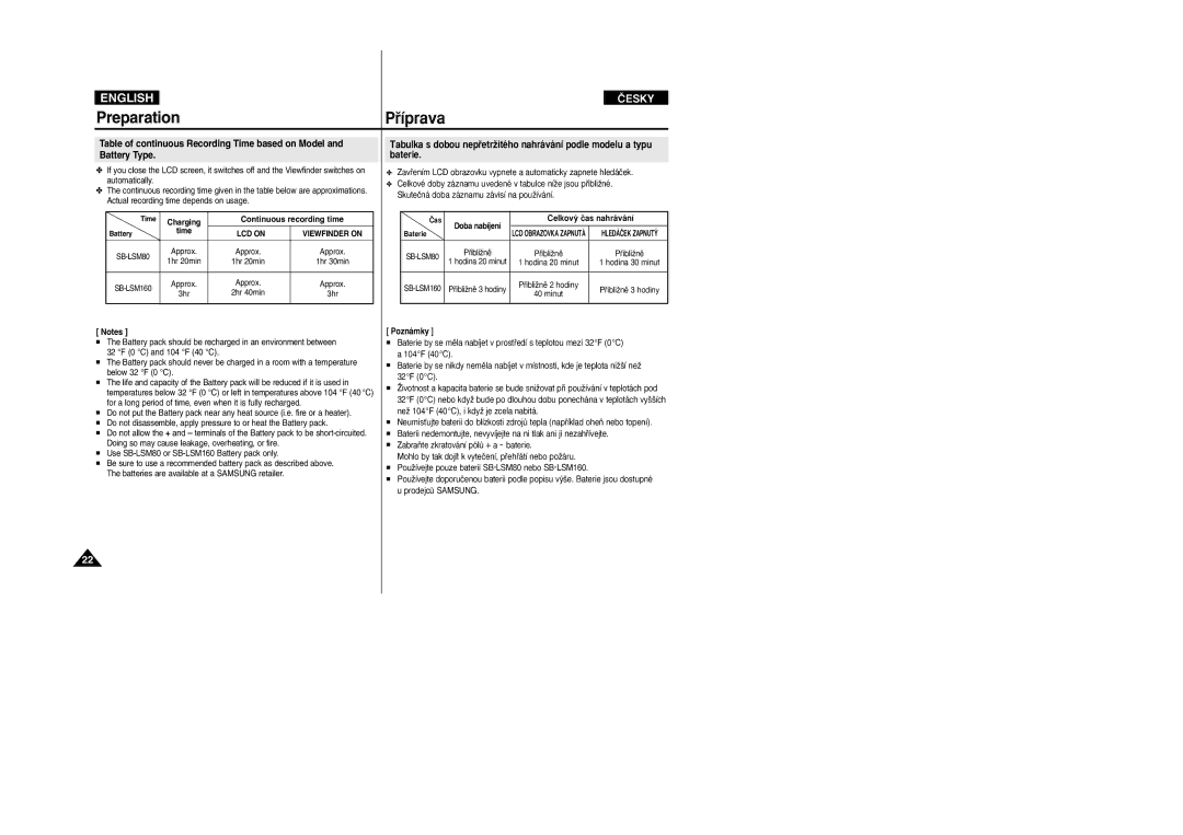 Samsung VP-M110R/XEV, VP-M110R/XEF, VP-M110R/XEC, VP-M110R/KNT, VP-M110R/XSG Continuous recording time, Celkov˘ ãas nahrávání 