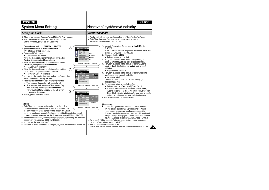 Samsung VP-M110R/XSG manual System Menu Setting, Setting the Clock Nastavení hodin, System, then press the Menu selector 